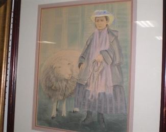 pastel drawing of girl with sheep