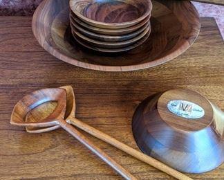 Vintage MCM Vermillion solid walnut salad bowl set