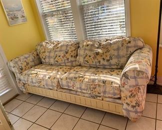 #55		Blonde Wood Floral Sofa 96" Long	 $75.00 
