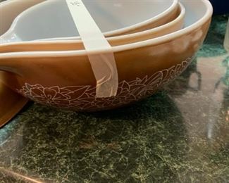 #84		3 stack Pyrex bowls  brown/yellow	 $35.00 