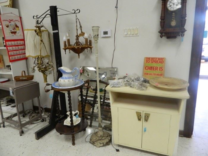 Wood chest, light fixtures, vintage clock