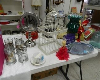 Beer mugs, decorative birdcage, pottery