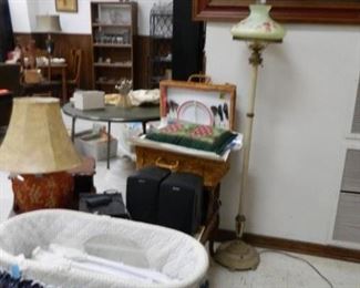 Antique lamp, bassinet, miscellaneous