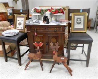 Bar stools, marble top small dry sink/chest, holiday items