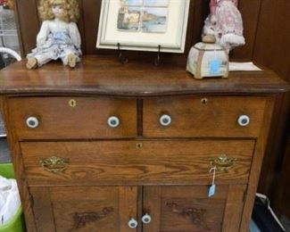 Vintage chest, dolls, decor