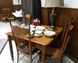 Table w/four chairs, china set, lamp