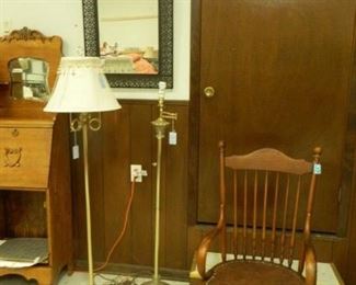 Rolling antique desk chair, misc. lamps, mirror