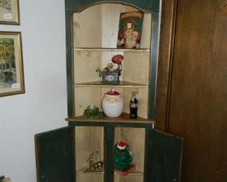 Two piece corner cabinet, holiday items