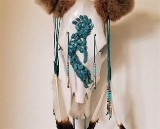 Decorated steer head and turquoise Kokopelli with beads and feathers and fur. Beautiful in person!