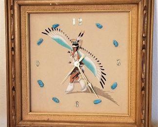 Sand painting Native American clock with eagle feathers