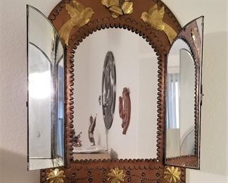 Large metal gold and bronze punched tin mirror, Fabulous piece. 