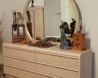 Deco style light colored wood dresser and mirror. 