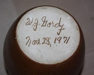 W J Gordy is one of Georgia's best and best known potters.  From Wikipedia          William J. "Bill" Gordy (born May 18, 1910 – August 19, 1993[1]) was an American potter based in Cartersville, Georgia, who has won several awards and honours for his work. Trained as a folk potter, he branched off and created a style uniquely his own. His work is well known and loved by people throughout the country and by the people in his community.                                                                