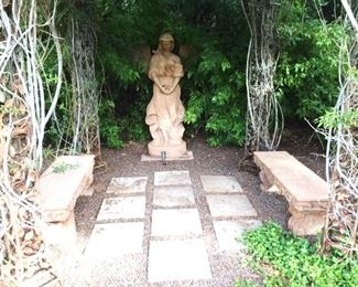look at this sweet secret garden with statue & stone benches & pavers too