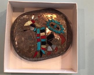 Robert Becinti of New Mexico signed sterling inlay Navajo belt buckle