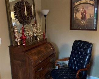 Primitive cylinder rolltop desk with blue leather chair and other great smalls