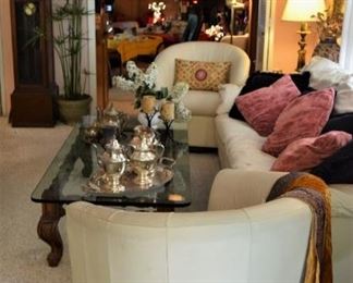 Italian White Leather Swivel Barrel Chairs