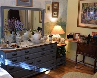 Master Bedroom 10 Drawer Dresser in Robin Egg Blue with Natural Top, including framed Mirror  matching Nightstand