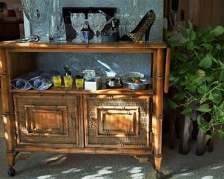 Serving Cart on Wheels Glass Serving Top with Side Drop Leaves, Storage Shelf and Storage Cabinet below
