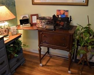 Vintage White Sewing Machine and Cabinet