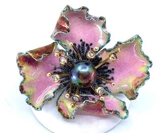 Russell Trusso Enamel, diamond & pearl brooch