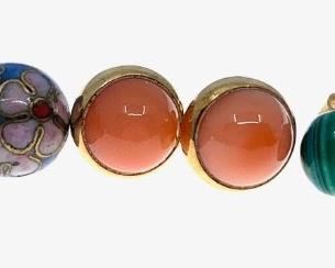 3 pair 14K yellow gold stud earrings comprised of 1 pair 14K yellow gold with cabochon cut coral stones; 1 pair 14K yellow gold with ball shape malachite stones; 1 pair 14K yellow gold with ball shape cloisonne.  Condition: Good