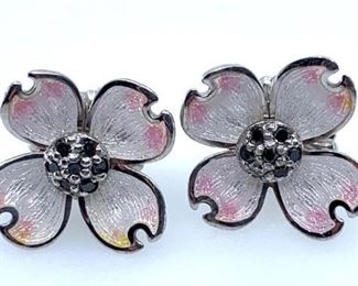 Pair lovely Nicole Barr sterling and enameled earrings in Dogwood design in white and slight pink color. Friction back post. Marked .925 Signed NB  Condition: Good