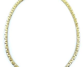 Stunning and heavy 18K yellow gold flat link necklace. Marked "750".  47 gms. Length: 16 in. Condition: Very good