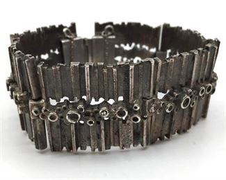 Norwegian Silver Bracelet, Brutalist Style, c.1960's, comprised of six squared links cast with alternating circular and rectangular forms. Stamped .835. 7 in.l. Condition: Tarnished with some verdigris.
