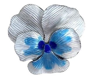 Single pansy blossom enameled in white and blue with cobalt blue center, signed E.J. and Sterling Denmark. 10 g. 1.25 in.dia. Condition:
