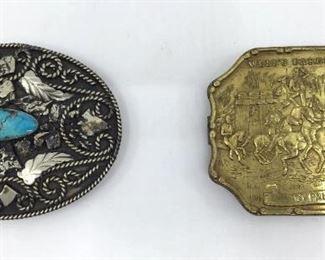 Wells Fargo Buckle and Mexican Turquoise Buckle. Wells Fargo Buckle and Mexican Turquoise Buckle, Wells Fargo Brass belt buckle by Tiffany, marked Rare Stones, Tiffany, Broadway, New York, together with an oval buckle set with a turquoise stone marked Alpaca Mexico.  Each 4 x 3 in.  Condition: good with some wear and tarnish.