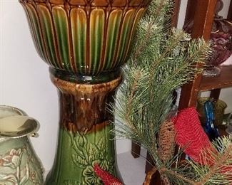 Much pottery, china and glassware. 2 piece jardiniere and pedestal     