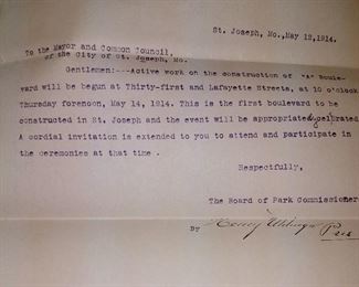 May 12, 1914 letter from The Board of Park Commissioner announcing construction of the first boulevard to be built in St. Joseph-"A" Boulevard starting at 31st and Lafayette