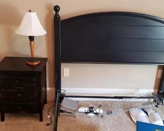 full size black finish headboard, full size rails, nightstand, lamp, occasional table