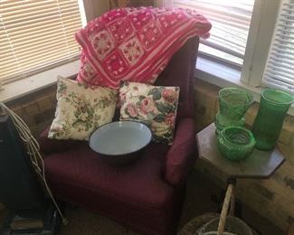Chair, Porcelain bowl, side table and green vases