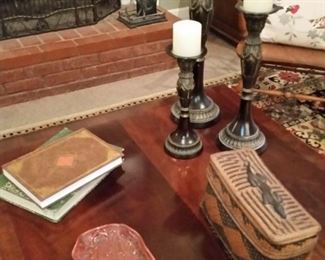 A  look at the top of the Lane coffee table  and the items on it.  The woven box is very old.