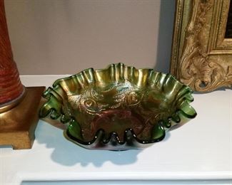 Ruffled carnival glass bowl