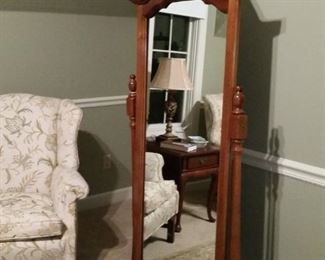 Cherry cheval mirror with pediment and finials
