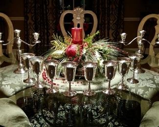 Impress your guests this holiday season with this set of eight Wallace #14 sterling silver water goblets and two Gorham #808 candelabras.