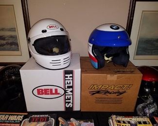 Bell full face helmet, Impact 'BMW Performance Driving School' helmet, and others