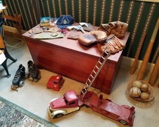 Vintage blanket chest and toys from long ago