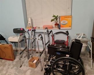 Wheel chair, rolling walker, 2 walkers, crutches, shower seat, canes. Alot of medical equipment