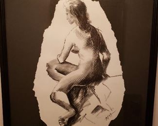 Framed charcoal original art, signed