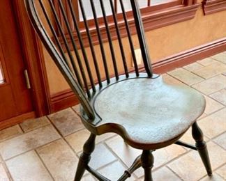 18. Rustic Plank Top Dining Table w/ Painted Base (74" x 48" x 30") and 6 Windsor Chairs 4 Side and 2 Arm 