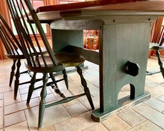 18. Rustic Plank Top Dining Table w/ Painted Base (74" x 48" x 30") and 6 Windsor Chairs 4 Side and 2 Arm 