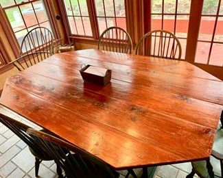 18. Rustic Plank Top Dining Table w/ Painted Base (74" x 48" x 30") and 6 Windsor Chairs 4 Side and 2 Arm 