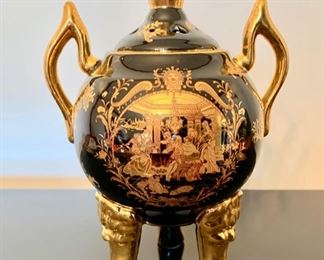 36. Limoges Black and Gold Footed Jar (9")