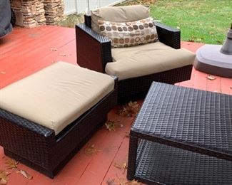 96. Set of Black All Weather Wicker w/ Sunbrella Cushions: Sofa, 2 Armchairs w/ Ottomans; 2 Side Tables, 1 Coffee Table 