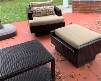 96. Set of Black All Weather Wicker w/ Sunbrella Cushions: Sofa, 2 Armchairs w/ Ottomans; 2 Side Tables, 1 Coffee Table 