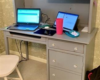 92. Grey Distressed 3 Drawer Desk w/ Hutch (48" x 23" x 54")